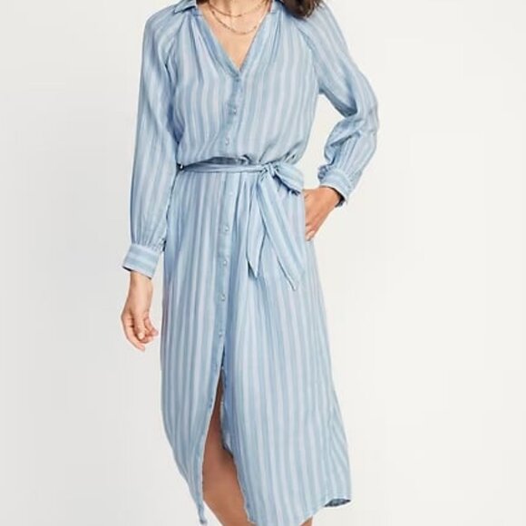 NWT OLD NAVY Chambray Stripe Belted Midi Shirt Dress Long Raglan Sleeves M - Picture 2 of 6